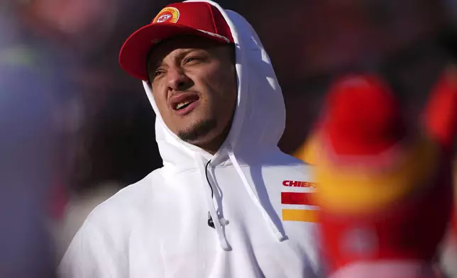 Kansas City Chiefs quarterback Patrick Mahomes is seen before an NFL football game against the Denver Broncos Sunday, Jan. 5, 2025, in Denver. (AP Photo/David Zalubowski)