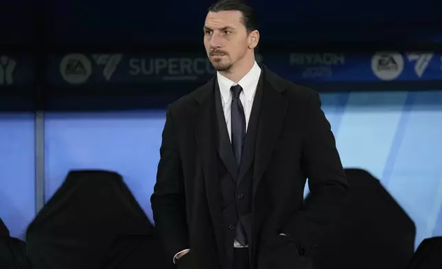 Former soccer star Zlatan Ibrahimovic stands before the Italian Super Cup semifinal soccer match between Juventus and Milan in Riyadh, Saudi Arabia, Friday, Jan. 3, 2025. (AP Photo/Altaf Qadri)