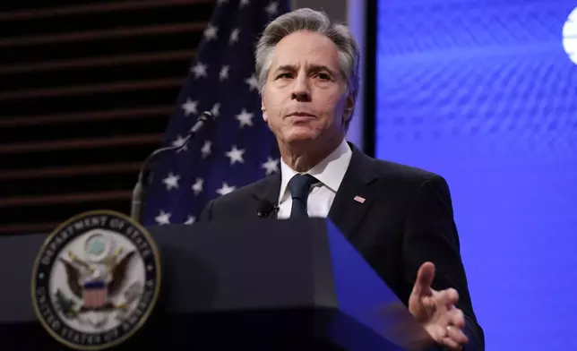 FILE - Secretary of State Antony Blinken speaks at the Atlantic Council, Jan. 14, 2025, in Washington. (AP Photo/Luis M. Alvarez, File)