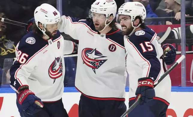Columbus Blue Jackets' Adam Fantilli celebrates his goal against the Toronto Maple Leafs with Kirill Marchenko and Dante Fabbro (15) during the second period of an NHL hockey game in Toronto on Wednesday, Jan. 22, 2025. (Frank Gunn/The Canadian Press via AP)