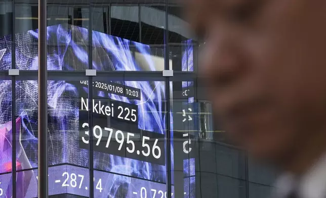 A person walks in front of an electronic stock board showing Japan's Nikkei 225 index at a securities firm Wednesday, Jan. 8, 2025, in Tokyo. (AP Photo/Eugene Hoshiko)