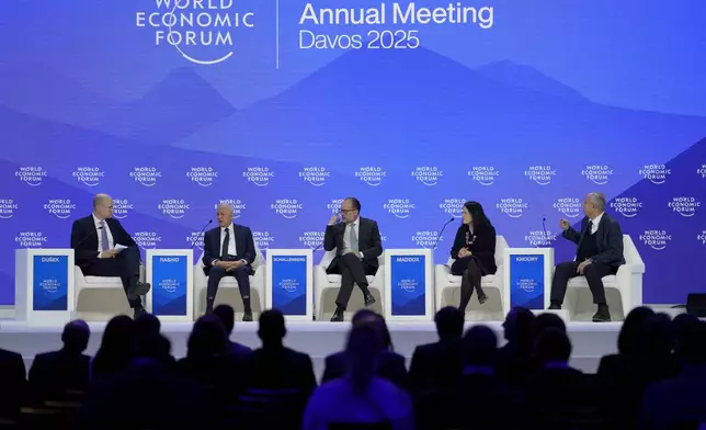President of Iraq Abdul Latif Rashid, 2nd left, and Austria's Foreign Minister Alexander Schallenberg, 2nd left, attend the Annual Meeting of World Economic Forum in Davos, Switzerland, Thursday, Jan. 23, 2025. (AP Photo/Markus Schreiber)