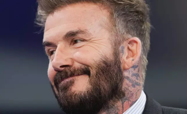 David Beckham attends a conversation about his work with UNICEF during the Annual Meeting of World Economic Forum in Davos, Switzerland, Tuesday, Jan. 21, 2025. (AP Photo/Markus Schreiber)