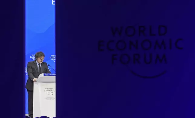 Argentina's President Javier Milei delivers his speech at the Annual Meeting of World Economic Forum in Davos, Switzerland, Thursday, Jan. 23, 2025. (AP Photo/Markus Schreiber)