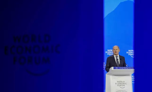 German Chancellor Olaf Scholz speaks at the Annual Meeting of World Economic Forum in Davos, Switzerland, Tuesday, Jan. 21, 2025. (AP Photo/Markus Schreiber)