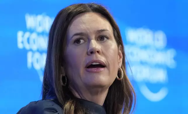 Arkansas Gov. Sarah Huckabee Sanders speaks at the Annual Meeting of World Economic Forum in Davos, Switzerland, Thursday, Jan. 23, 2025. (AP Photo/Markus Schreiber)