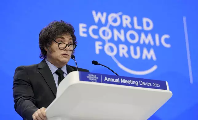Argentina's President Javier Milei delivers his speech at the Annual Meeting of World Economic Forum in Davos, Switzerland, Thursday, Jan. 23, 2025. (AP Photo/Markus Schreiber)