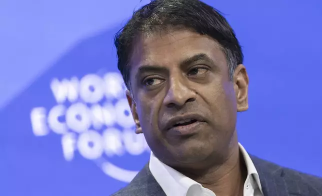 Chief Executive Officer of Novartis Vas Narasimhan speaks during a panel session during the 55th annual meeting of the World Economic Forum (WEF), in Davos, Switzerland, Wednesday, Jan. 22, 2025. (Michael Buholzer/Keystone via AP)