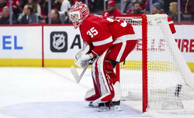 Detroit Red Wings goalie Ville Husso (35) looks on during the first period of an NHL hockey game against the San Jose Sharks, Tuesday, Jan. 14, 2025, in Detroit. (AP Photo/Mike Mulholland)