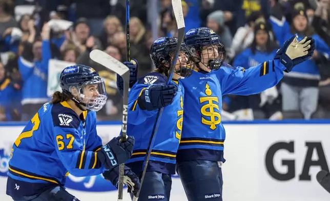 Toronto Sceptres forward Emma Woods (67), defender Kali Flanagan (6) and defender Allie Munroe (12) celebrate a goal against the New York Sirens during the first period of a PWHL hockey game in Toronto, Saturday Jan. 25, 2025. (Frank Gunn/The Canadian Press via AP)