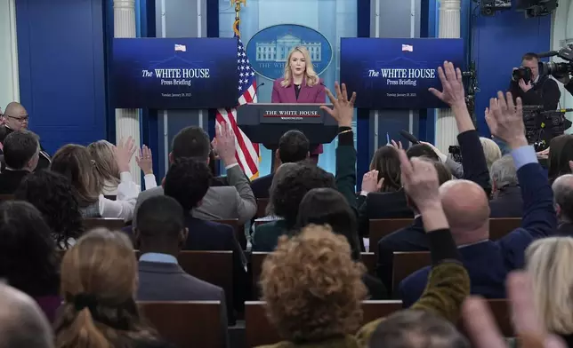 White House press secretary Karoline Leavitt speaks with reporters in the James Brady Press Briefing Room at the White House, Tuesday, Jan. 28, 2025, in Washington. (AP Photo/Alex Brandon)