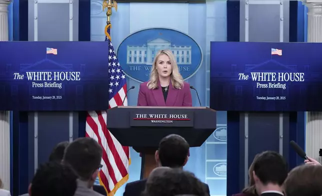 White House press secretary Karoline Leavitt speaks with reporters in the James Brady Press Briefing Room at the White House, Tuesday, Jan. 28, 2025, in Washington. (AP Photo/Alex Brandon)