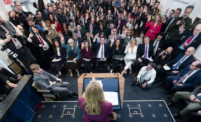 White House press secretary Karoline Leavitt speaks with reporters in the James Brady Press Briefing Room at the White House, Tuesday, Jan. 28, 2025, in Washington. (AP Photo/Alex Brandon)