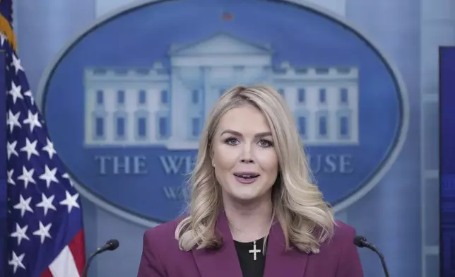 White House press secretary Karoline Leavitt speaks with reporters in the James Brady Press Briefing Room at the White House, Tuesday, Jan. 28, 2025, in Washington. (AP Photo/Alex Brandon)