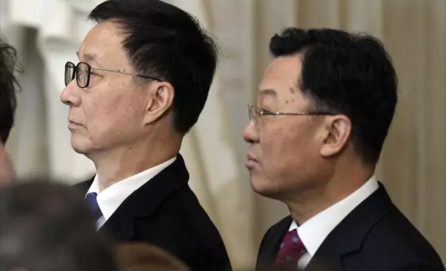 China's Vice President Han Zheng stands with Xie Feng, China's Ambassador to the U.S., right, during the 60th Presidential Inauguration in the Rotunda of the U.S. Capitol in Washington, Monday, Jan. 20, 2025. (AP Photo/Julia Demaree Nikhinson, Pool)