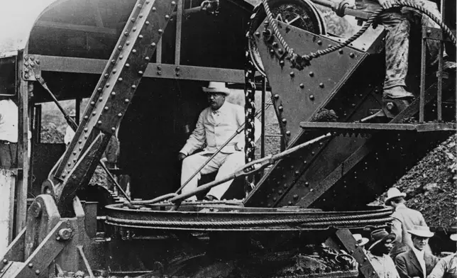 FILE - U.S. President Theodore Roosevelt tests a steam shovel at the Culebra Cut during construction of the Panama Canal, a project he championed, November 1906. Roosevelt's visit to Panama made him the first sitting U.S. president to travel abroad. (AP Photo, File)