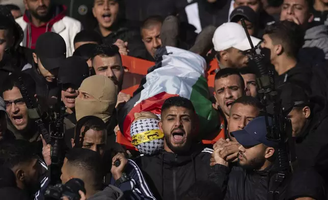 Mourners carry the body of Palestinian Muhammad Abu Amer, 18, who was killed at night in an Israeli army raid during his funeral in the West Bank refugee camp of Balata, Nablus, Saturday, Jan. 4, 2025. (AP Photo/Majdi Mohammed)