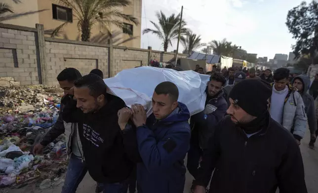 Mourners carry the body of a Palestinian killed in overnight Israeli airstrikes, during his funeral in the Khan Younis refugee camp, southern Gaza Strip, Saturday, Jan. 4, 2025. (AP Photo/Abdel Kareem Hana)