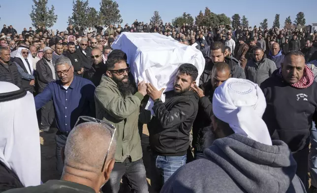 Members of the Bedouin community, part of Israel's Palestinian minority who have Israeli citizenship, attend the funeral of Yosef Al Zaydani in Rahat, southern Israel, Thursday, Jan. 9, 2025 after the Israeli military said his body of was recovered in an underground tunnel in southern Gaza Strip. (AP Photo/Mahmoud Illean)