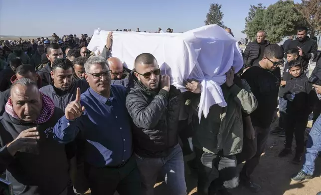 Members of the Bedouin community, part of Israel's Palestinian minority who have Israeli citizenship, attend the funeral of Yosef Al Zaydani in Rahat, southern Israel, Thursday, Jan. 9, 2025 after the Israeli military said his body of was recovered in an underground tunnel in southern Gaza Strip. (AP Photo/Mahmoud Illean)