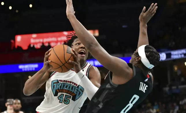 Memphis Grizzlies forward GG Jackson II (45) handles the ball against Houston Rockets forward Jae'Sean Tate (8) in the second half of an NBA basketball game Thursday, Jan. 30, 2025, in Memphis, Tenn. (AP Photo/Brandon Dill)