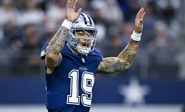 Dallas Cowboys wide receiver KaVontae Turpin reacts during a play against the Washington Commandersduring the first half of an NFL football game, Sunday, Jan. 5, 2025, in Arlington, Texas. (AP Photo/Jerome Miron)