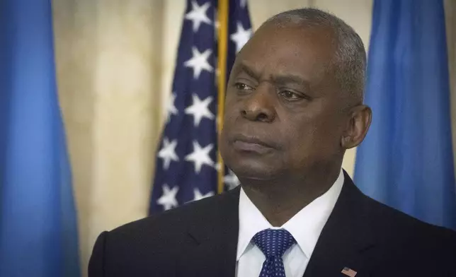 FILE - US Secretary of Defence Lloyd Austin makes a speech at Diplomatic Academy of Ukraine in Kyiv, Ukraine, Monday, Oct. 21, 2024. (AP Photo/Efrem Lukatsky, File)