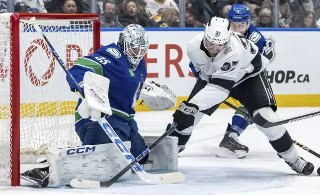 Vancouver Canucks goaltender Thatcher Demko (35) stops Los Angeles Kings' Warren Foegele (37) during the second period of an NHL hockey game in Vancouver, British Columbia, Thursday, Jan. 16, 2025. (Ethan Cairns/The Canadian Press via AP)