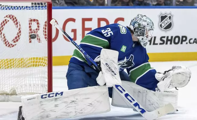 Los Angeles Kings' Kevin Fiala (not shown) scores against Vancouver Canucks goaltender Thatcher Demko (35) during the second period of an NHL hockey game in Vancouver, British Columbia, Thursday, Jan. 16, 2025. (Ethan Cairns/The Canadian Press via AP)