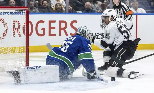 Vancouver Canucks goaltender Thatcher Demko (35) stops Los Angeles Kings' Quinton Byfield (55) during the second period of an NHL hockey game in Vancouver, British Columbia, Thursday, Jan. 16, 2025. (Ethan Cairns/The Canadian Press via AP)