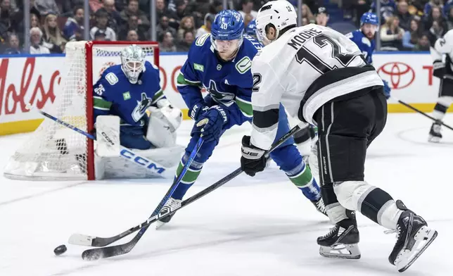 Vancouver Canucks' Elias Pettersson (40) and Los Angeles Kings' Trevor Moore (12) vie for the puck during the second period of an NHL hockey game in Vancouver, British Columbia, Thursday, Jan. 16, 2025. (Ethan Cairns/The Canadian Press via AP)