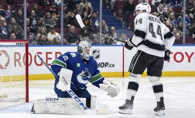 Vancouver Canucks goaltender Thatcher Demko (35) stops Los Angeles Kings' Mikey Anderson (44) during the second period of an NHL hockey game in Vancouver, British Columbia, Thursday, Jan. 16, 2025. (Ethan Cairns/The Canadian Press via AP)