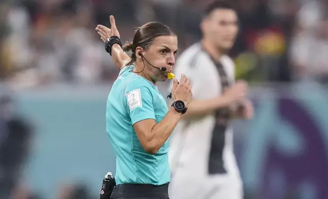 FILE - Referee Stephanie Frappart in action during during the World Cup group E soccer match between Costa Rica and Germany at the Al Bayt Stadium in Al Khor, Qatar, Thursday, Dec. 1, 2022. (AP Photo/Matthias Schrader, File)