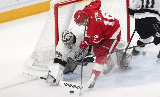 Los Angeles Kings goaltender Darcy Kuemper (35) stops a shot by Detroit Red Wings center Andrew Copp (18) in the first period of an NHL hockey game Monday, Jan. 27, 2025, in Detroit. (AP Photo/Paul Sancya)