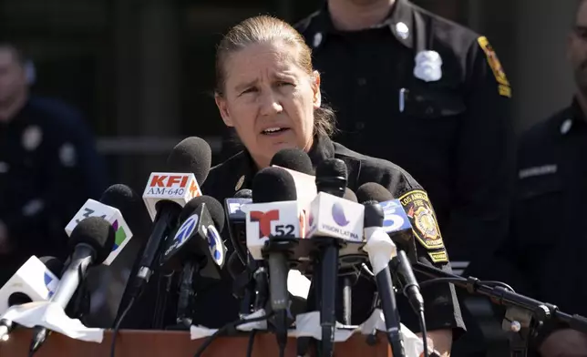 FILE - Los Angeles Fire Department Chief Kristin Crowley talks during a news conference at Harbor–UCLA Medical Center in the West Carson area of Los Angeles on Thursday, Feb. 15, 2024. (AP Photo/Richard Vogel, File)