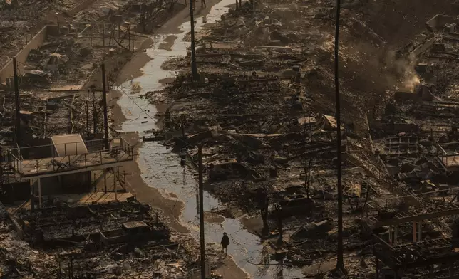 A person walks amid the destruction left behind by the Palisades Fire in the Pacific Palisades neighborhood of Los Angeles, Thursday, Jan. 9, 2025. (AP Photo/Jae C. Hong)