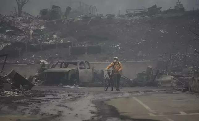 A man walks his bike among the ruins left behind by the Palisades Fire in the Pacific Palisades neighborhood of Los Angeles, Wednesday, Jan. 8, 2025. (AP Photo/Damian Dovarganes)