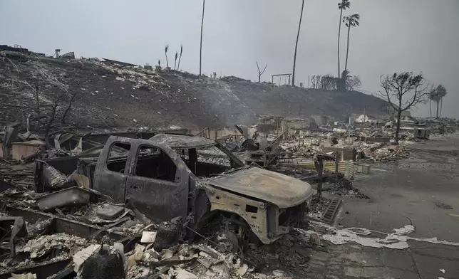 A vehicle and other structures are burned as the Palisades Fire ravages a neighborhood amid high winds in the Pacific Palisades neighborhood of Los Angeles, Wednesday, Jan. 8, 2025. (AP Photo/Damian Dovarganes)