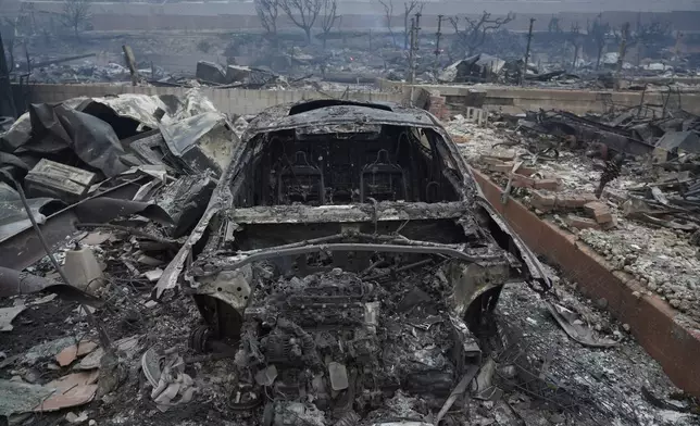 The Palisades Fire ravages a neighborhood amid high winds in the Pacific Palisades neighborhood of Los Angeles, Wednesday, Jan. 8, 2025. (AP Photo/Damian Dovarganes)