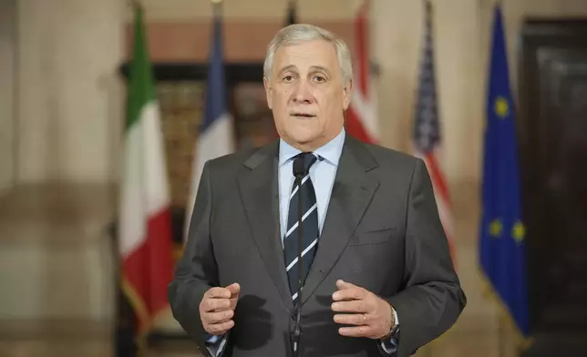 Italian Foreign Minister Antonio Tajani speaks to the media a he arrives for a meeting at Rome's Villa Madama, Thursday, Jan. 9, 2025 on the situation in Syria after the collapse of the Assad regime. (AP Photo/Andrew Medichini