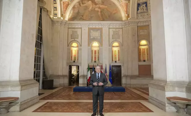 Italian Foreign Minister Antonio Tajani speaks to the media a he arrives for a meeting at Rome's Villa Madama, Thursday, Jan. 9, 2025 on the situation in Syria after the collapse of the Assad regime. (AP Photo/Andrew Medichini