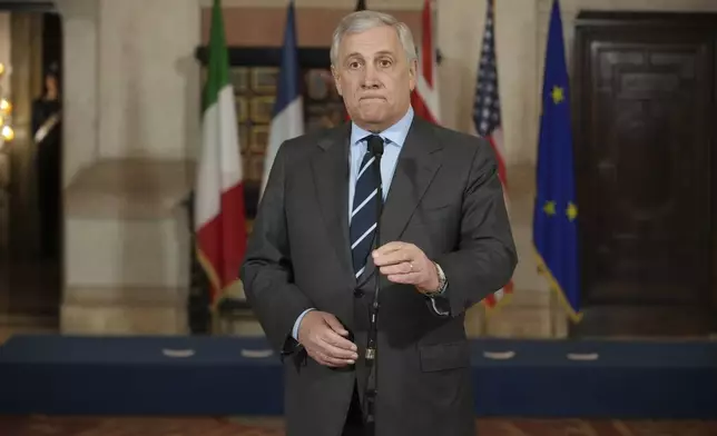 Italian Foreign Minister Antonio Tajani speaks to the media a he arrives for a meeting at Rome's Villa Madama, Thursday, Jan. 9, 2025 on the situation in Syria after the collapse of the Assad regime. (AP Photo/Andrew Medichini