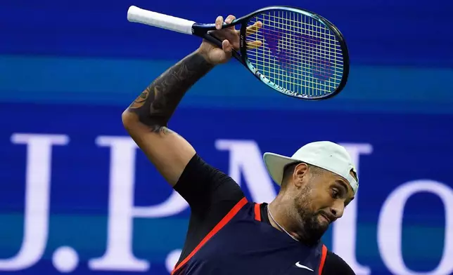 FILE - Nick Kyrgios, of Australia, tosses his racket as he plays Karen Khachanov, of Russia, during the quarterfinals of the U.S. Open tennis championships, Tuesday, Sept. 6, 2022, in New York. (AP Photo/Frank Franklin II, File)