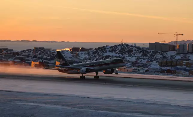 The plane carrying Donald Trump Jr., departs from the airport in Nuuk, Greenland, Tuesday, Jan. 7, 2025. (Emil Stach/Ritzau Scanpix via AP)