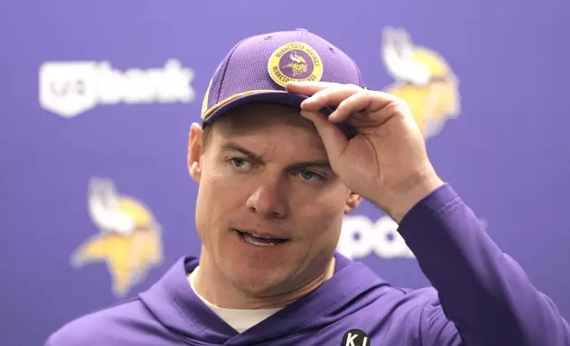 Minnesota Vikings head coach Kevin O'Connell talks to the media following an NFL football game against the Detroit Lions, Sunday, Jan. 5, 2025, in Detroit. (AP Photo/Charlie Riedel)