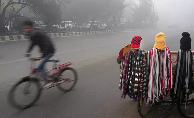 A cyclist pedals past a roadside vendor's cart selling woollen scarfs and caps amidst dense fog and cold wave in New Delhi, India, Saturday, Jan. 4, 2025. (AP Photo/Manish Swarup)