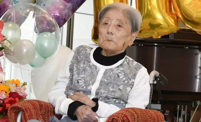 FILE - This photo provided by Ashiya City shows Tomiko Itooka, being celebrated for her 116th birthday at the nursing home she lives in Ashiya, western Japan, on May 23, 2024. (Ashiya City via AP, File)