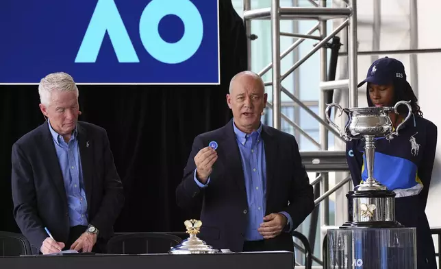 Tournament director Craig Tiley, left, and tournament referee Wayne McKewen conduct the official draw ahead of the Australian Open tennis championship in Melbourne, Australia, Thursday, Jan. 9, 2025. (AP Photo/Vincent Thian)