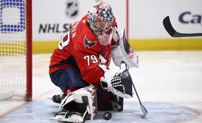 Washington Capitals goaltender Charlie Lindgren (79) stops the puck during the second period of an NHL hockey game against the Montreal Canadiens, Friday, Jan. 10, 2025, in Washington. (AP Photo/Nick Wass)