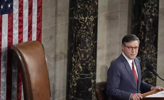 House Speaker Mike Johnson, R-La., speaks after being re-elected as the House of Representatives meets to elect a speaker and convene the new 119th Congress at the Capitol in Washington, Friday, Jan. 3, 2025. (AP Photo/Mark Schiefelbein)